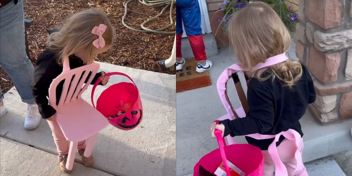 Little girl deals pink chair