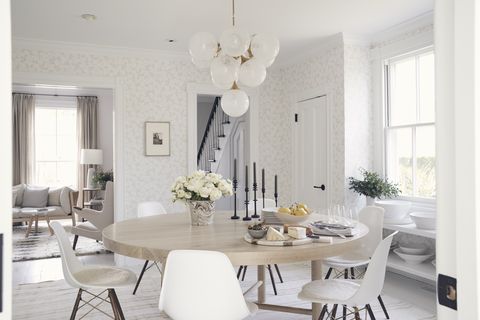 White, Dining room, Room, Furniture, Property, Interior design, Table, Lighting, Floor, Ceiling, 