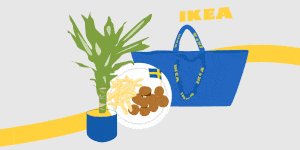 ikea uk plant, meatballs and blue frakta bag
