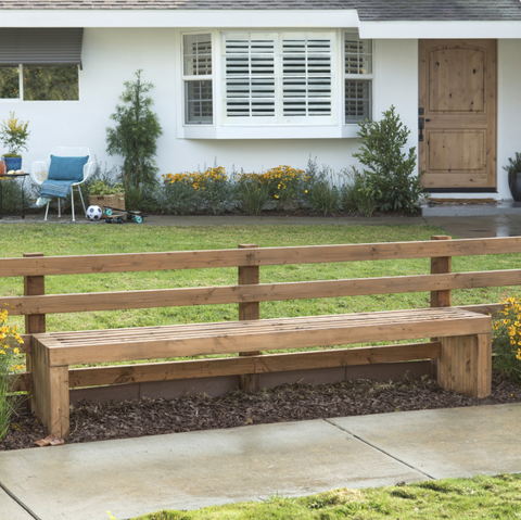 Bench, Property, Residential area, Home, Furniture, Wall, Grass, Yard, Garden, Outdoor bench, 