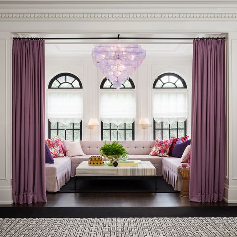 Room, Purple, Decoration, Curtain, Interior design, Furniture, Living room, Property, Lilac, Violet, 