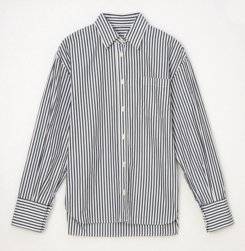 a grey and white striped shirt