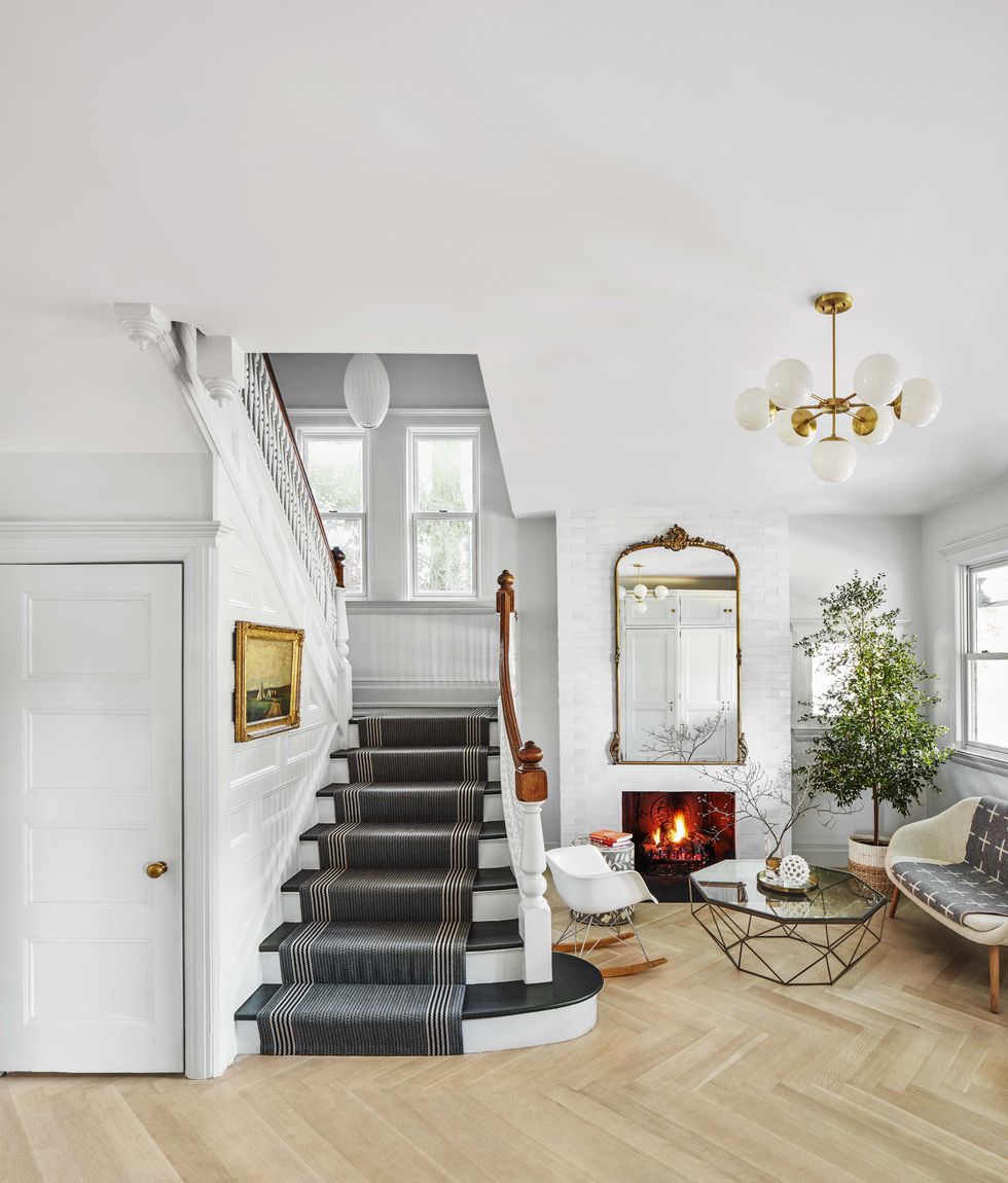 White, Stairs, Room, Property, Interior design, Home, House, Floor, Living room, Ceiling, 