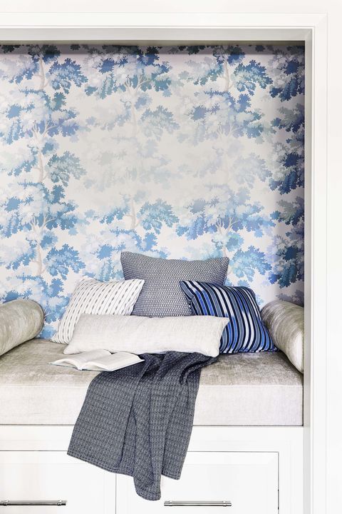 Blue, Room, Bedroom, Wall, Furniture, Bed sheet, Interior design, Textile, Wallpaper, Linens, 