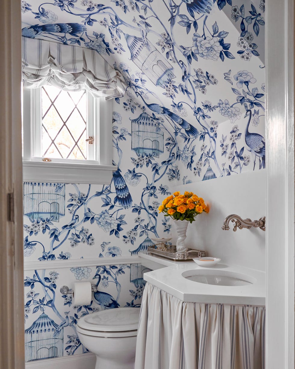 powder room with blue and white chinoiserie wallpaper