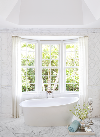 Bathtub, White, Bathroom, Room, Interior design, Property, Tile, Floor, Window, Curtain, 