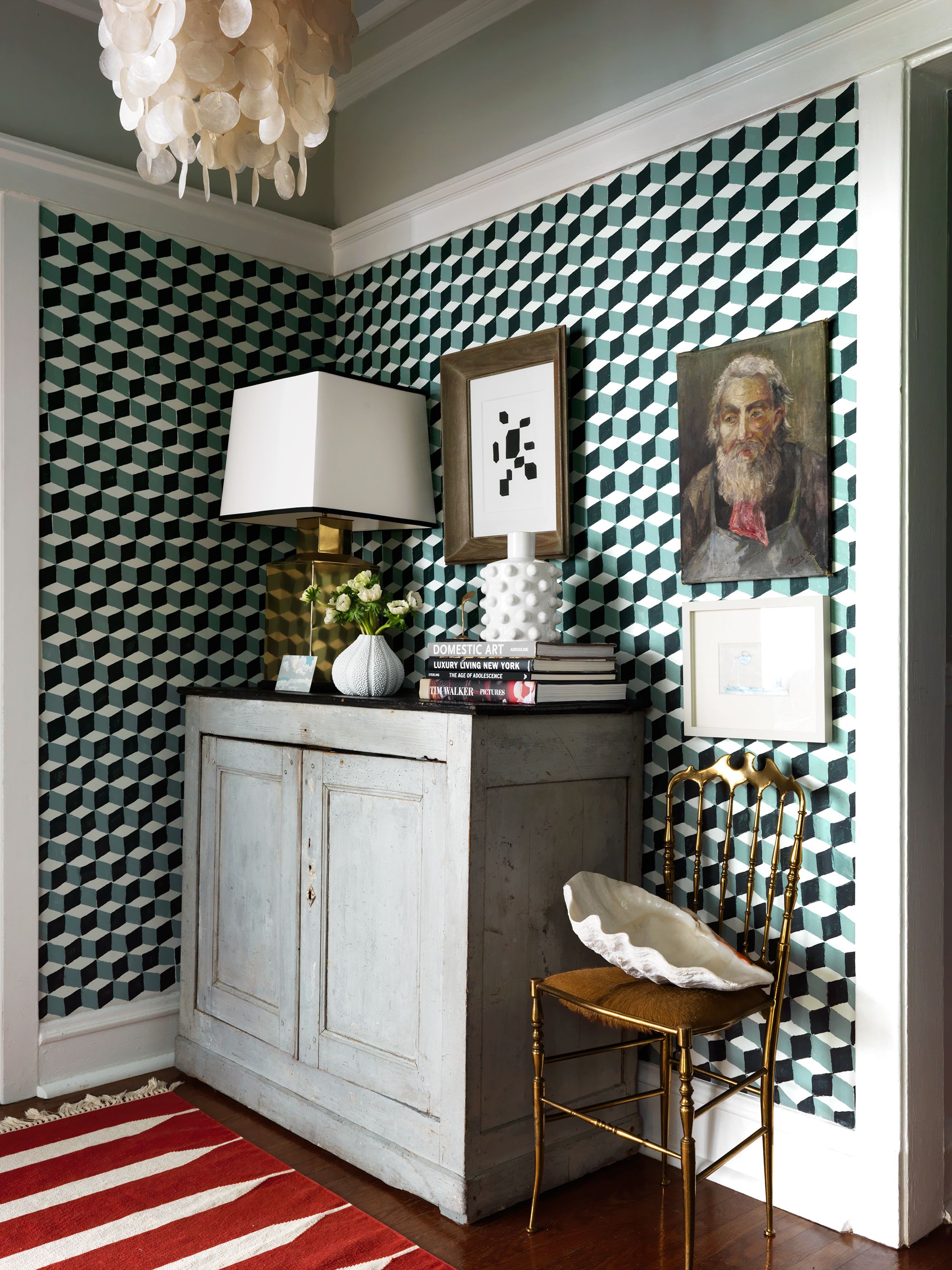 Contemporary Foyer Design With Brass Round Mirror  Livspace