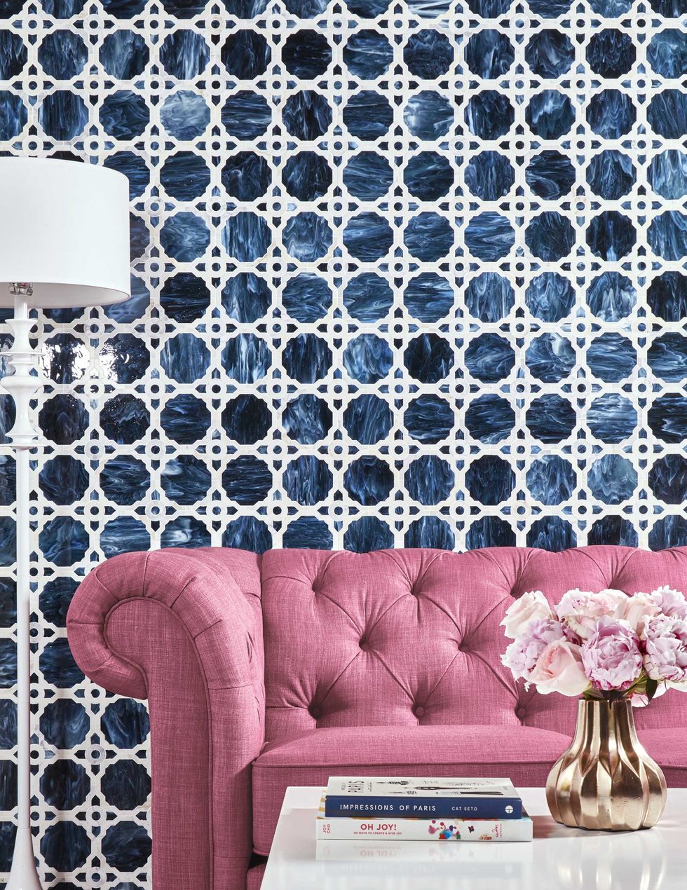 Blue, Wallpaper, Living room, Wall, Interior design, Room, Pattern, Pink, Purple, Furniture, 
