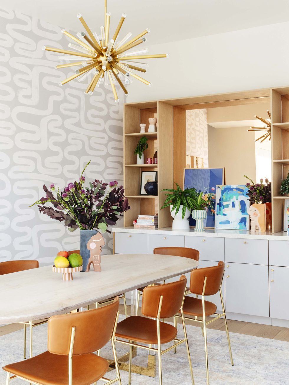 dining room, wallpaper, leather chair
