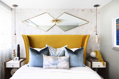 bedroom, yellow headboard, mirror