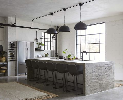 kitchen, concrete, pendant lights, stools