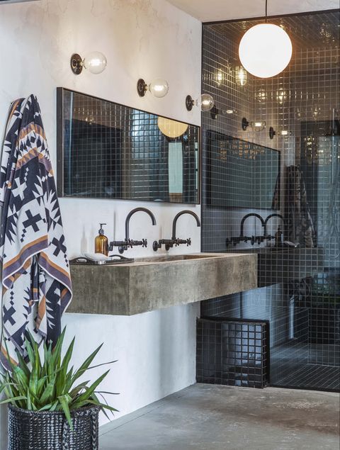 bathroom, black tile, concrete sink