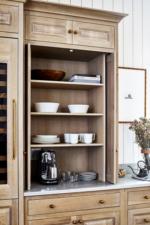 oak open shelving with pocket cabinet doors alison giese