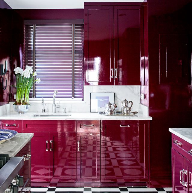 tile, room, property, kitchen, floor, interior design, red, cabinetry, furniture, purple,