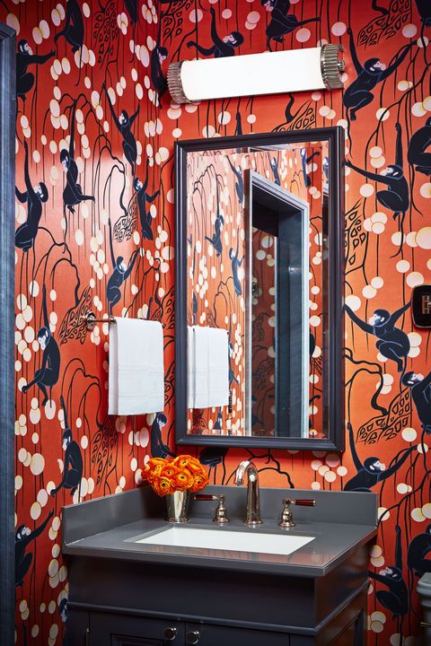 Room, Interior design, Bathroom sink, Red, Orange, Plumbing fixture, Wall, Tap, Interior design, Sink, 