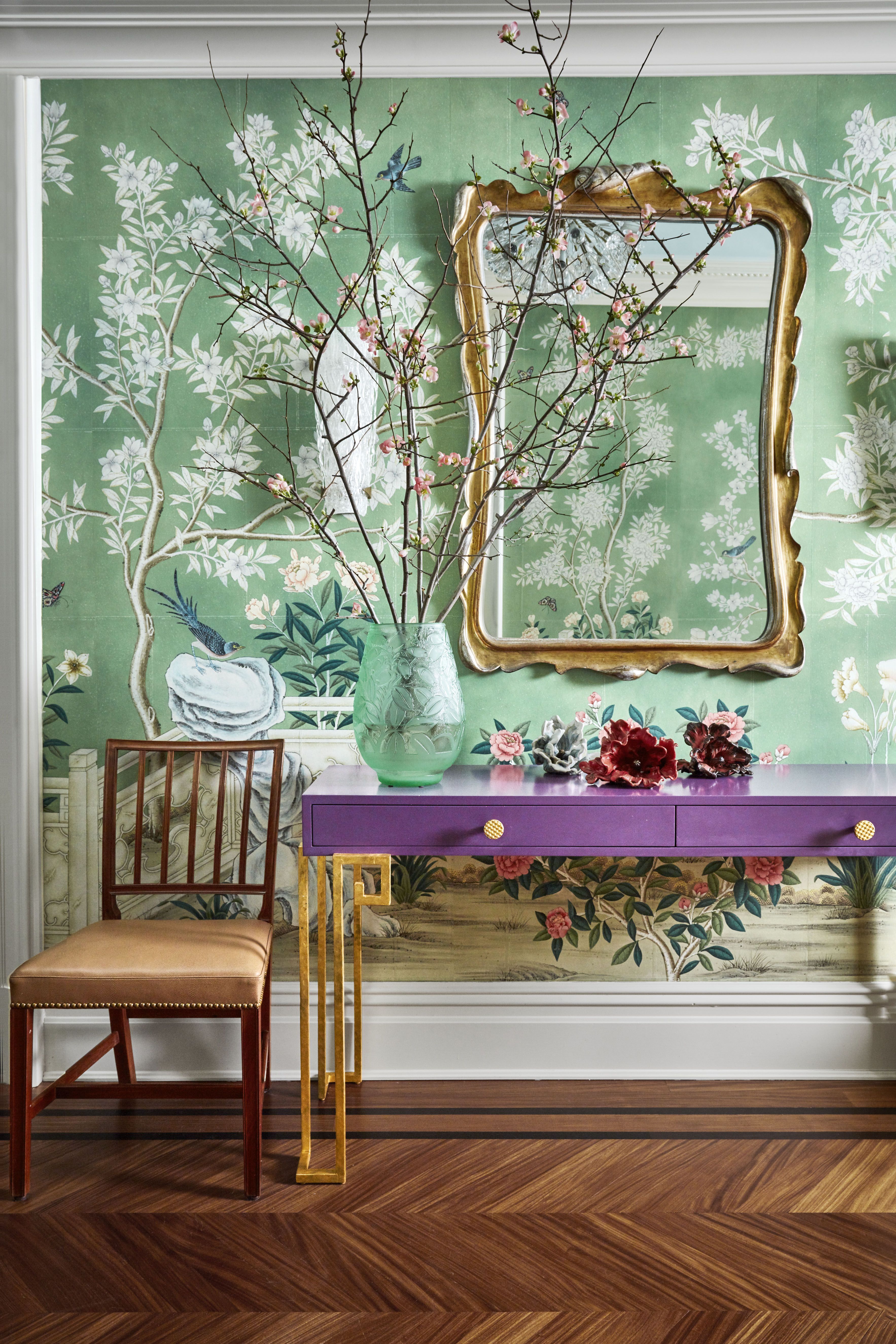 Branch, Green, Room, Twig, Furniture, Tree, Interior design, Table, Wall, Wallpaper, 