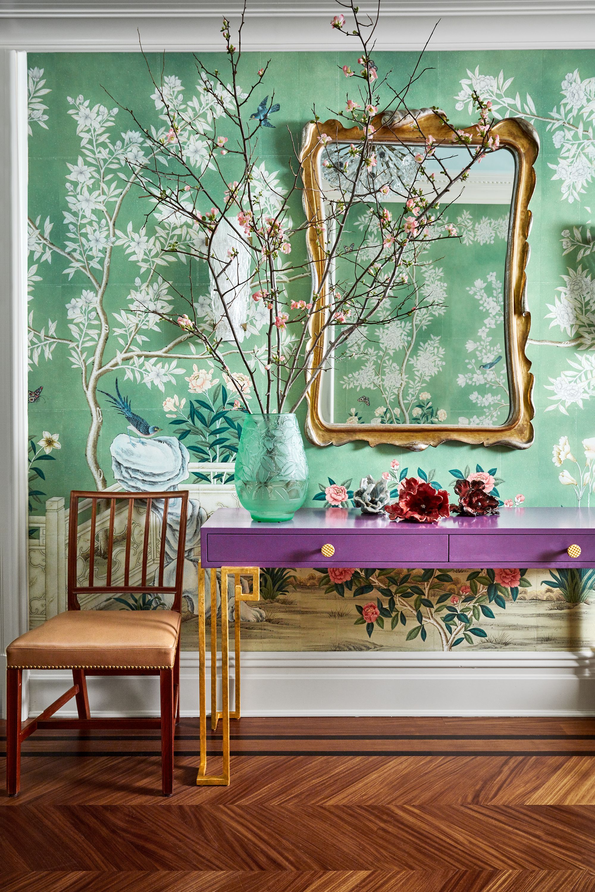 Compact Foyer Design With Damask Patterned Beige Wallpaper And Wooden  Console  Livspace