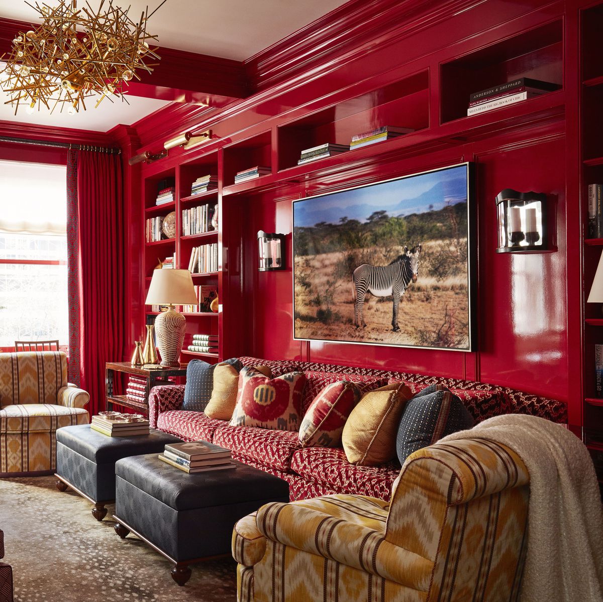 Living room, Room, Interior design, Red, Furniture, Property, Ceiling, Home, Building, House, 