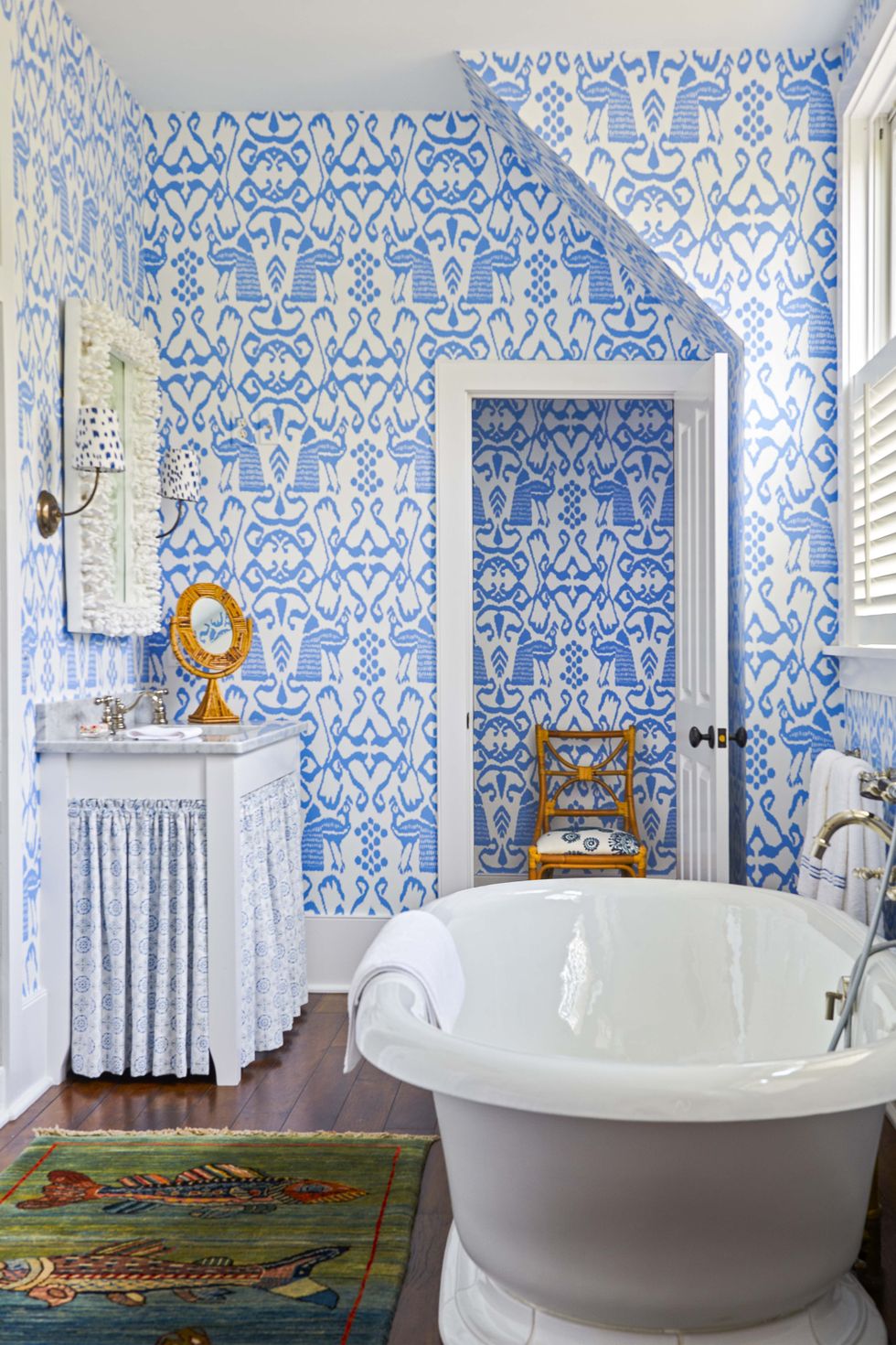 room, bathroom, blue, tile, wall, wallpaper, property, interior design, floor, curtain,