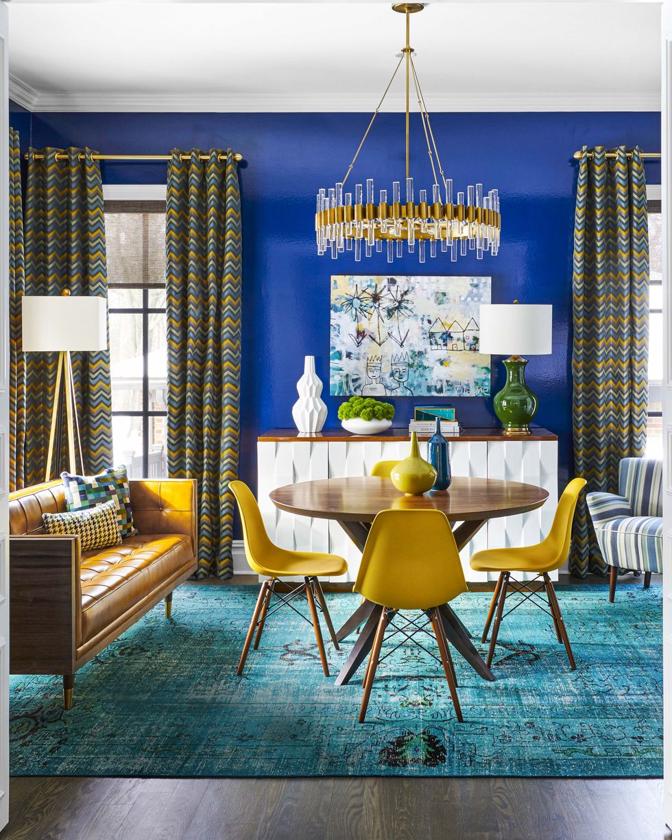 blue, room, yellow, furniture, interior design, dining room, property, turquoise, building, ceiling,