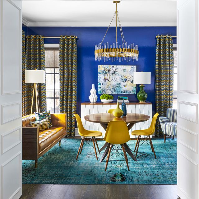 blue, room, yellow, furniture, interior design, dining room, property, turquoise, building, ceiling,