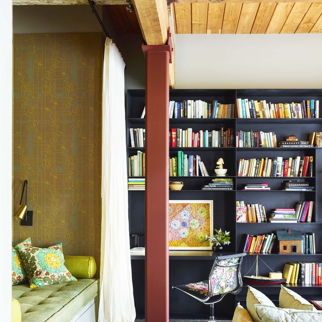 Shelf, Room, Shelving, Furniture, Building, Yellow, Interior design, Property, Wall, Home, 