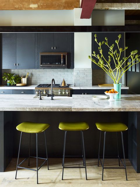 Countertop, Furniture, Kitchen, Room, Bar stool, Interior design, Table, Yellow, Stool, Cabinetry, 