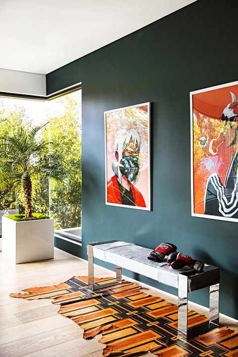 Interior design, Room, Orange, Living room, Modern art, Yellow, Wall, House, Art, Design, 