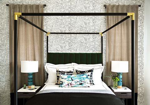 Canopy bed, Bed, Furniture, Bedroom, Room, Interior design, Curtain, four-poster, Bed frame, Wallpaper, 