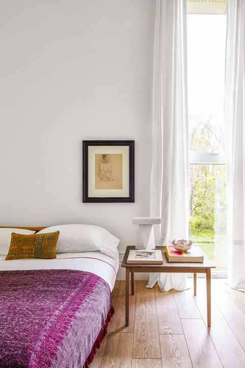 Bedroom, Furniture, Room, Bed, Interior design, Pink, Purple, Curtain, Property, Bed sheet, 