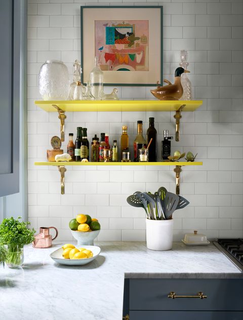 Shelf, Yellow, Room, Furniture, Kitchen, Interior design, Shelving, Wall, Home, Material property, 