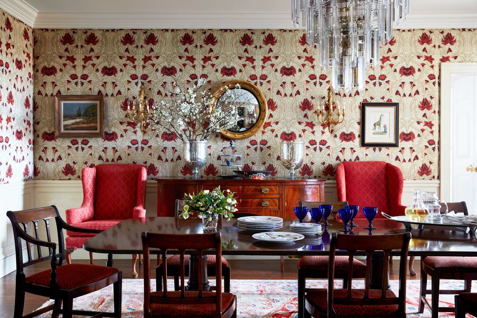 Room, Interior design, Wall, Red, Wallpaper, Property, Furniture, Dining room, Building, Table, 