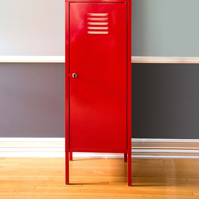 Red, Furniture, Wall, Door, Material property, Shelf, Floor, Glass, 