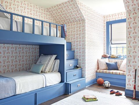 Furniture, Bedroom, Room, Bed, Blue, Interior design, Wall, Property, Wallpaper, Bed sheet, 