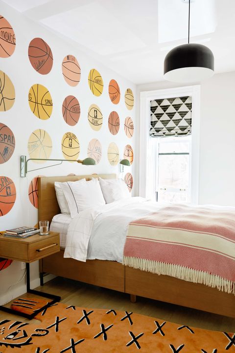 Bedroom, Furniture, Room, Interior design, Bed, Wall, Orange, Yellow, Bed frame, Bed sheet, 