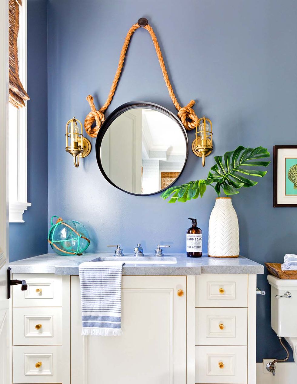 Bathroom, Room, White, Blue, Furniture, Yellow, Interior design, Bathroom cabinet, Product, Mirror, 