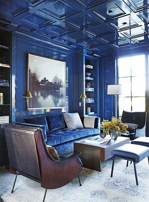 Living room, Blue, Furniture, Room, Interior design, Building, Home, Property, Couch, Lighting, 