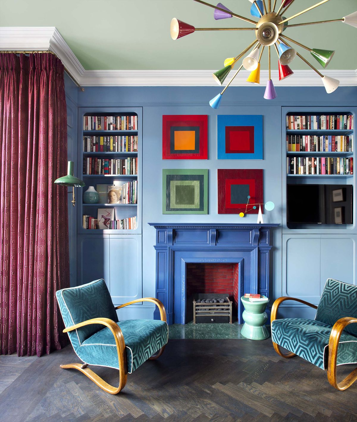 Living room, Room, Blue, Furniture, Shelf, Interior design, Shelving, Turquoise, Ceiling, Bookcase, 