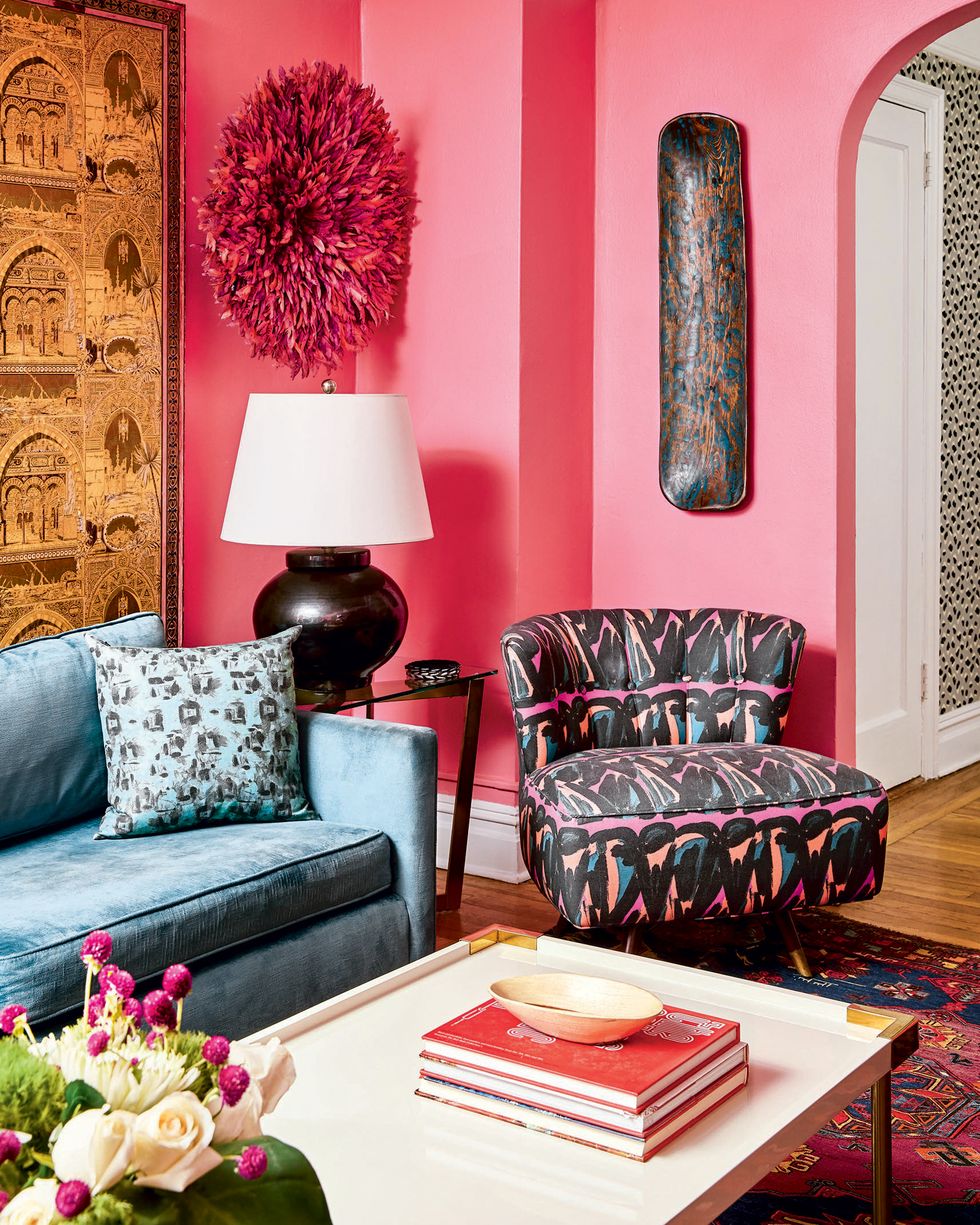 Living room, Room, Furniture, Interior design, Pink, Couch, Red, Decoration, Purple, Wall, 