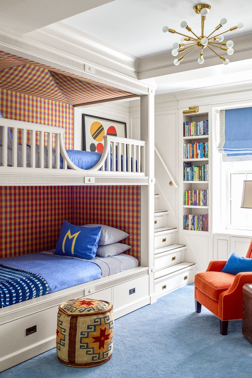 kid's room, kid's bedroom with tented bunks katie ridder selected a chipper holland sherry fabric for these awe inspiring beds a custom staircase by jbm architects features hidden drawers for quick tidying bunk beds