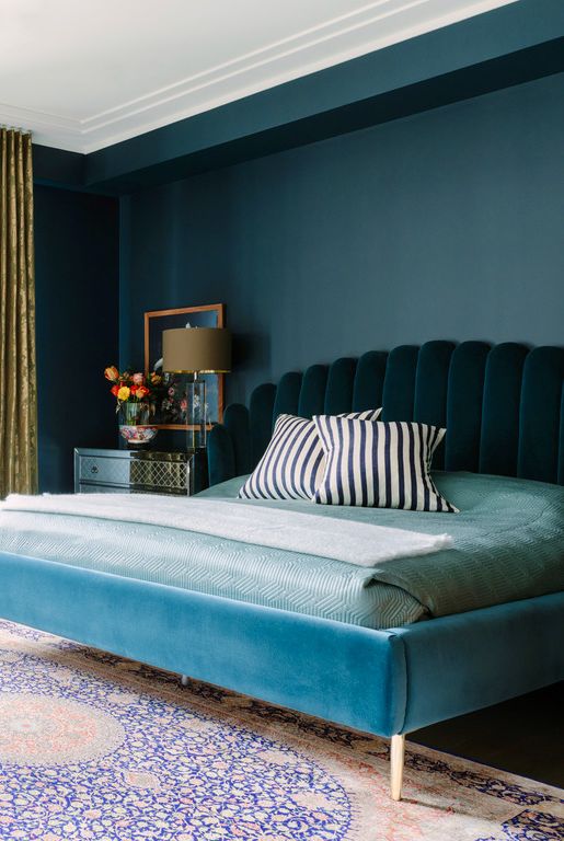 christopher kent project shades of blue and a velvet platform bed set the mood in this chicago bedroom by kent, founder of studio cak