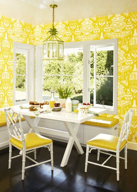 Yellow, Room, Furniture, Interior design, Green, Dining room, Property, Table, Wall, Wallpaper, 