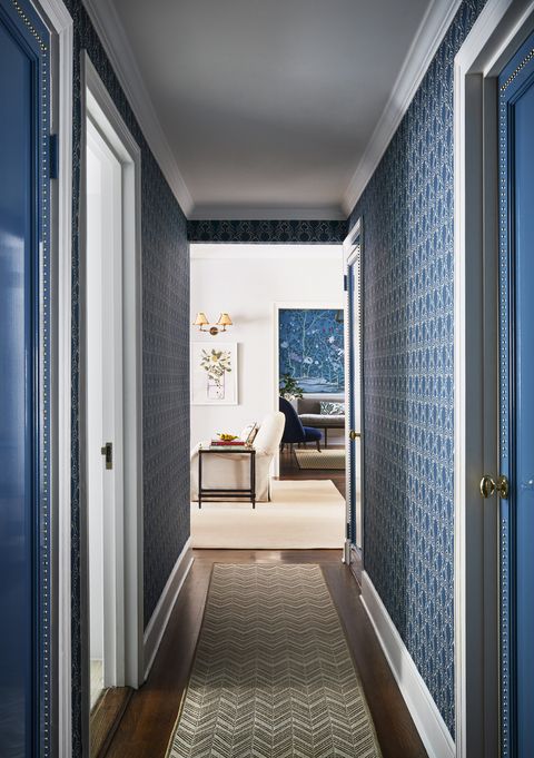 blue walls, hallway