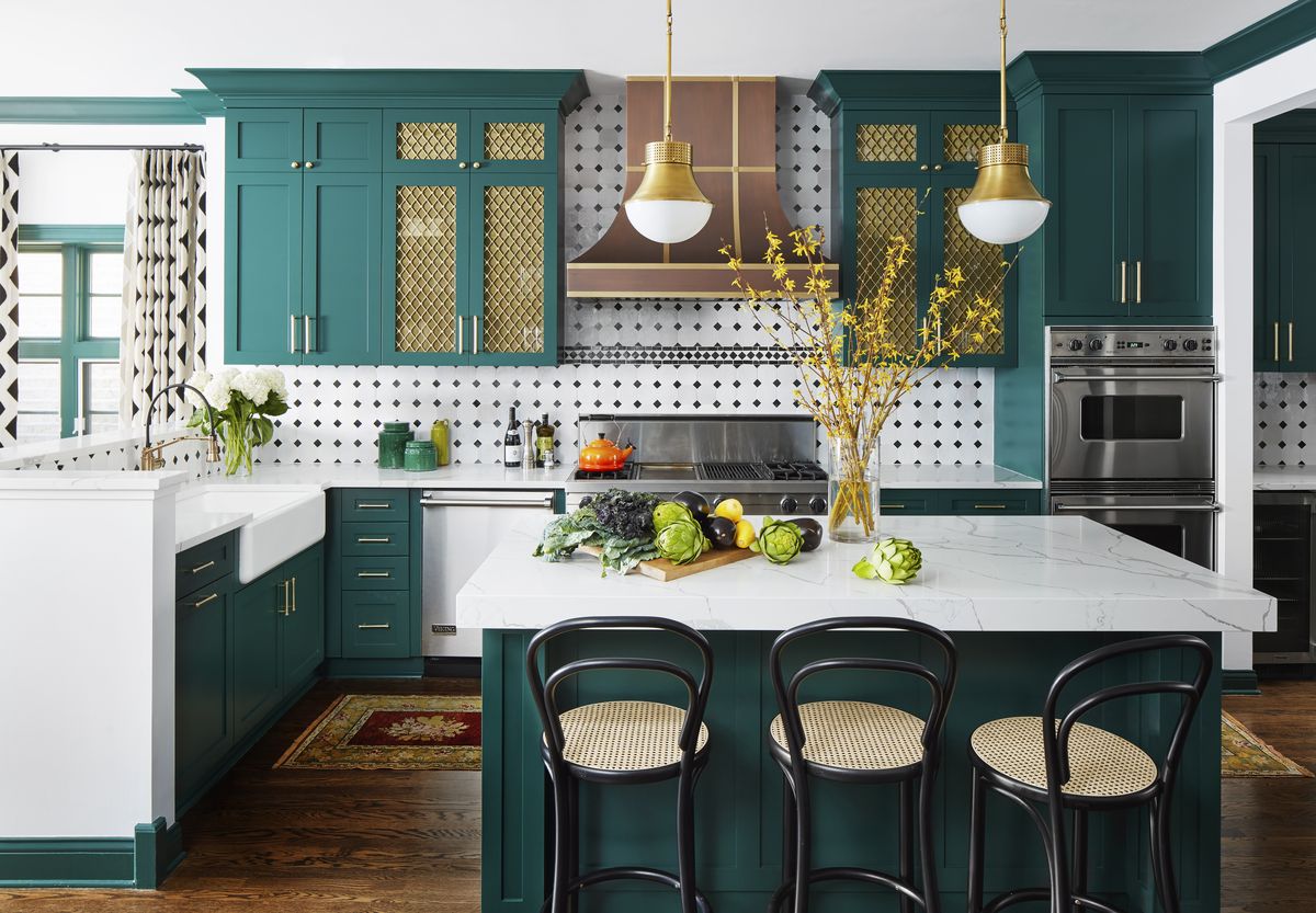 kitchen of the month, green cabinets, white and black back splash