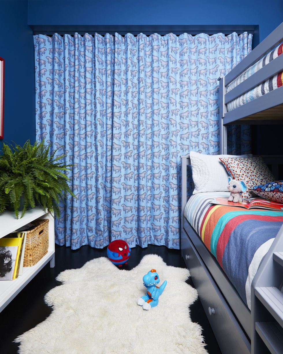 blue bedroom with bunk beds