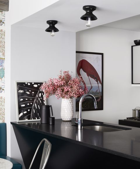 black and white kitchen with flamingo art