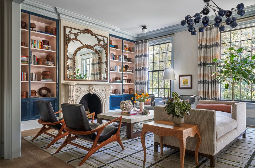 a living room with a fireplace