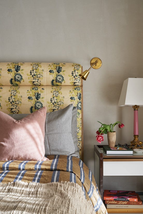 Master bedroom in painter Elizabeth Stern's Nashville ranch home designed by Liz Bonesio Interiors