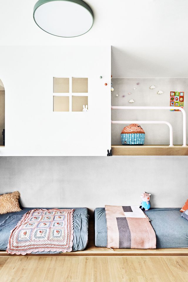 kids playroom, bedroom, bunk bed, slide, playhouse
