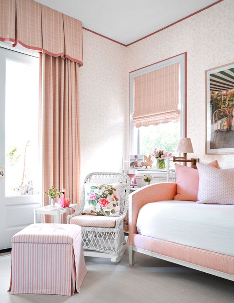 Furniture, Room, Pink, Bedroom, Interior design, Curtain, Property, Bed, Window covering, Living room, 